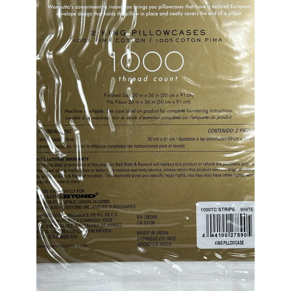 Wamsutta Dream Zone 2 Pillowcases 1000 Thread Count Pima Cotton StripeWHITE KING